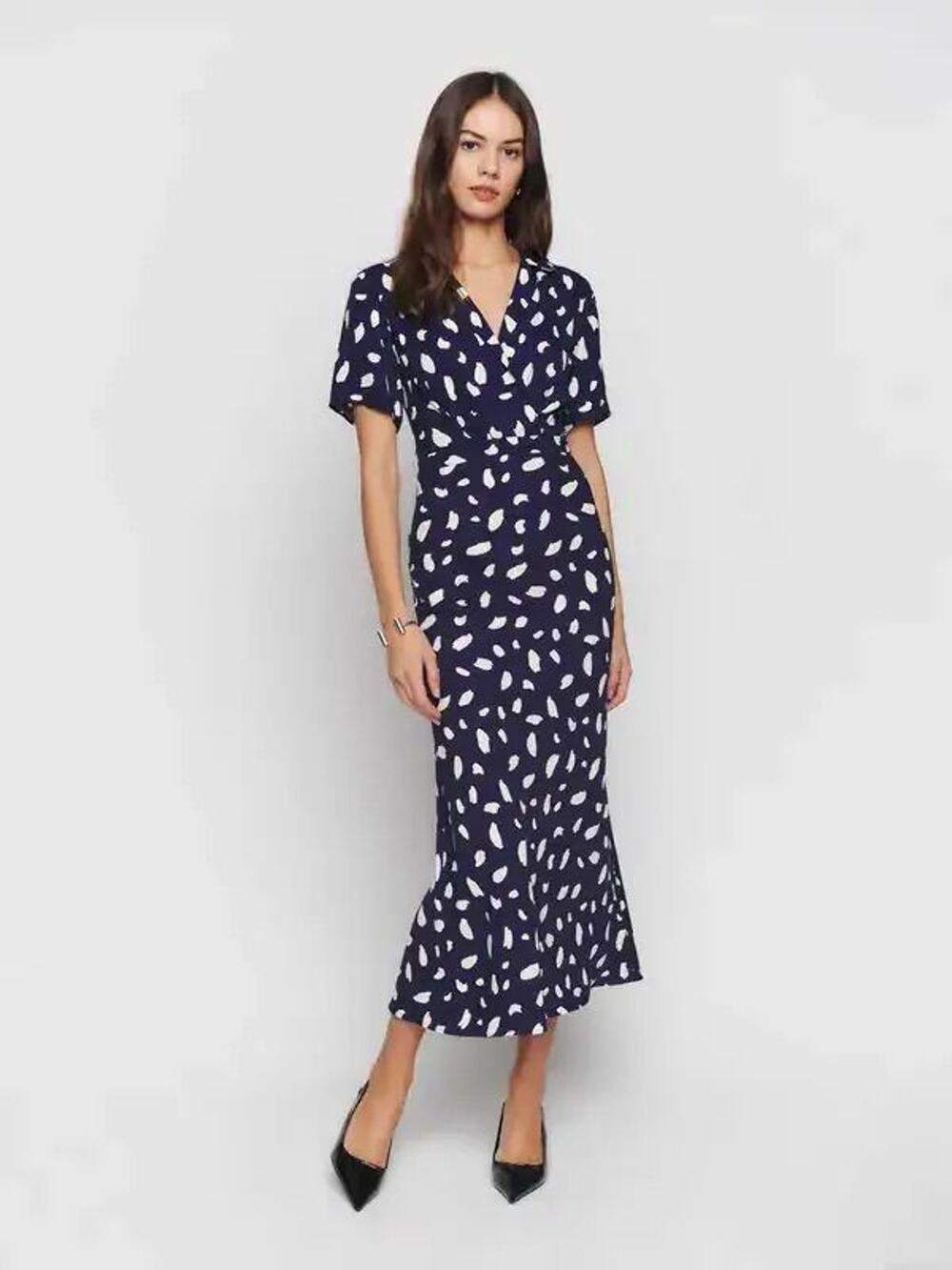 Reformation Danika Navy White Print Midi Dress Size XS